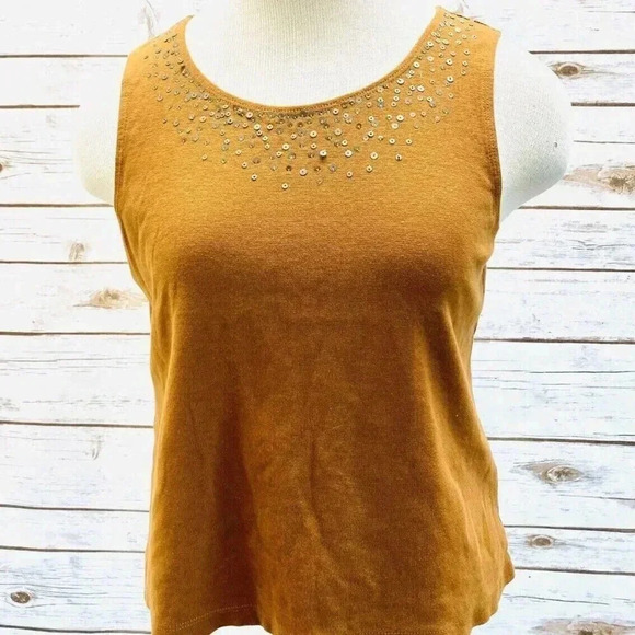 RUBY RD. Women Sleeveless Pullover Round Neck Brown Stretchy Shirt Top Size PM - Picture 1 of 12
